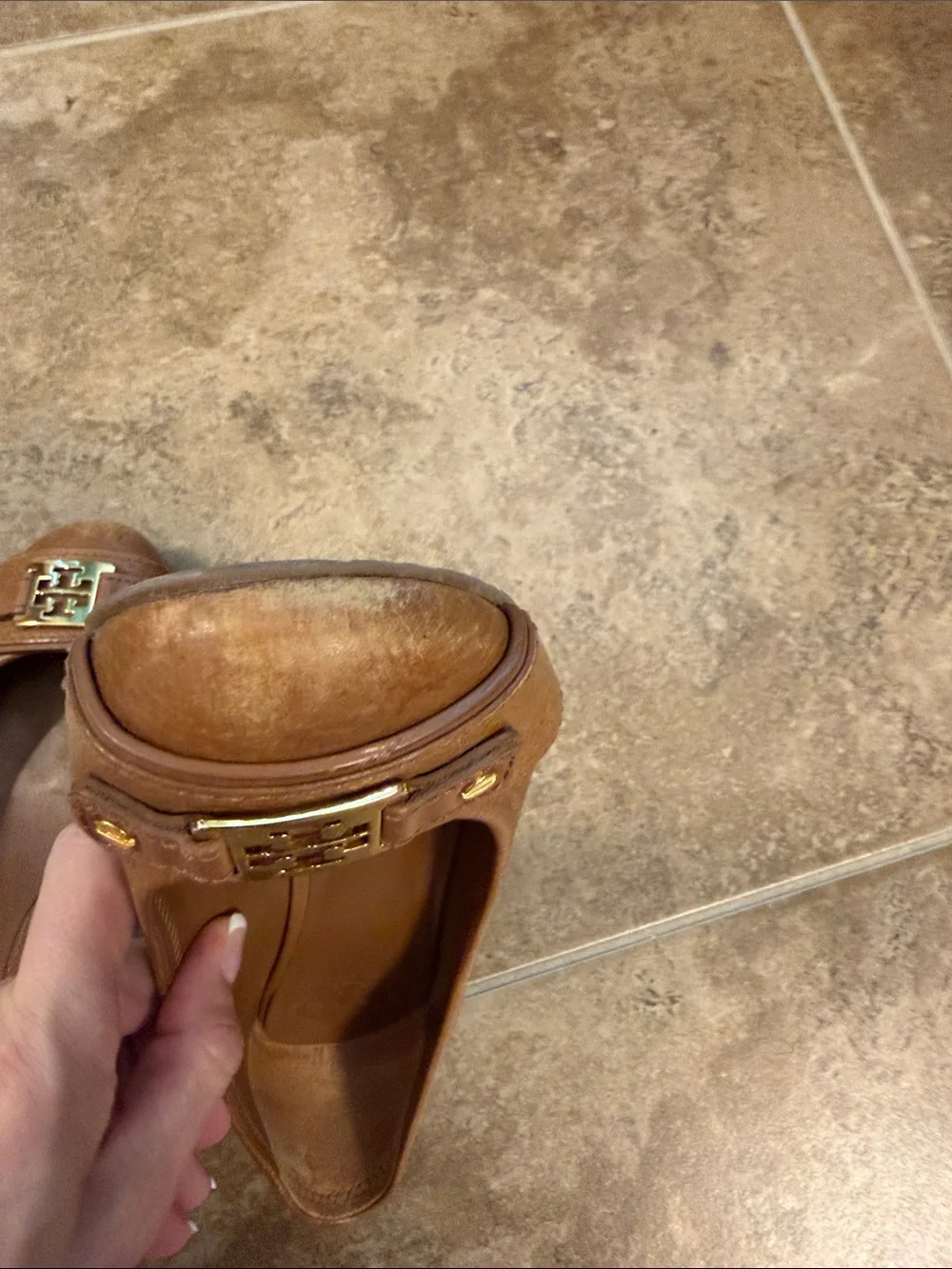 Tory Burch Cognac Leather Logo Cap-Toe Heels- worn on the front